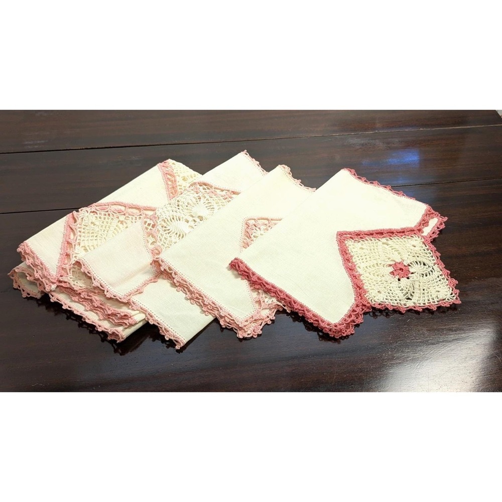 Vintage Pink Crochet Linen Table Runner Set Handmade Lace Napkins Doily 6pc